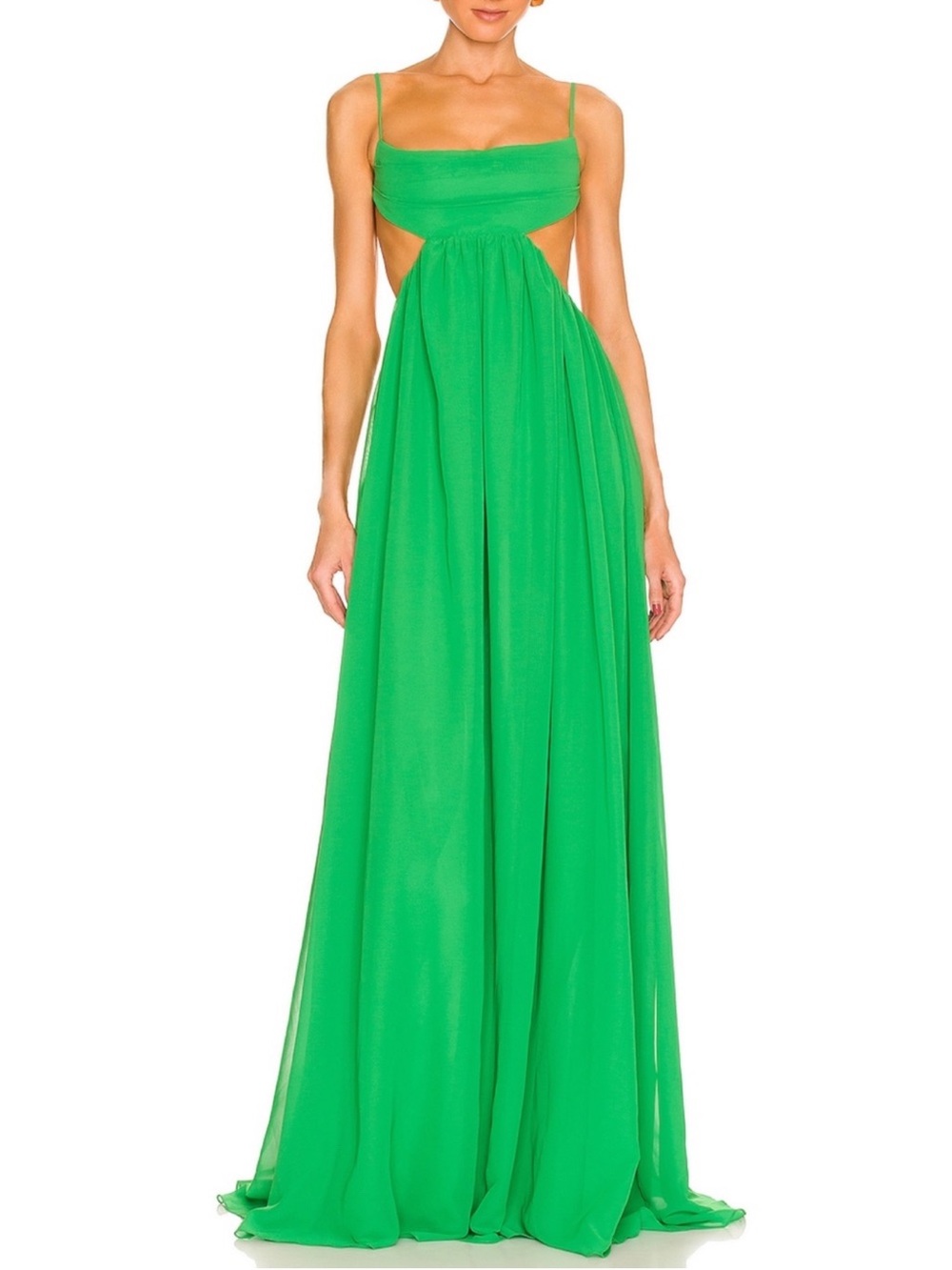 Elegant Green Spaghetti-Strap Maxi Dress with Cutout Waist
